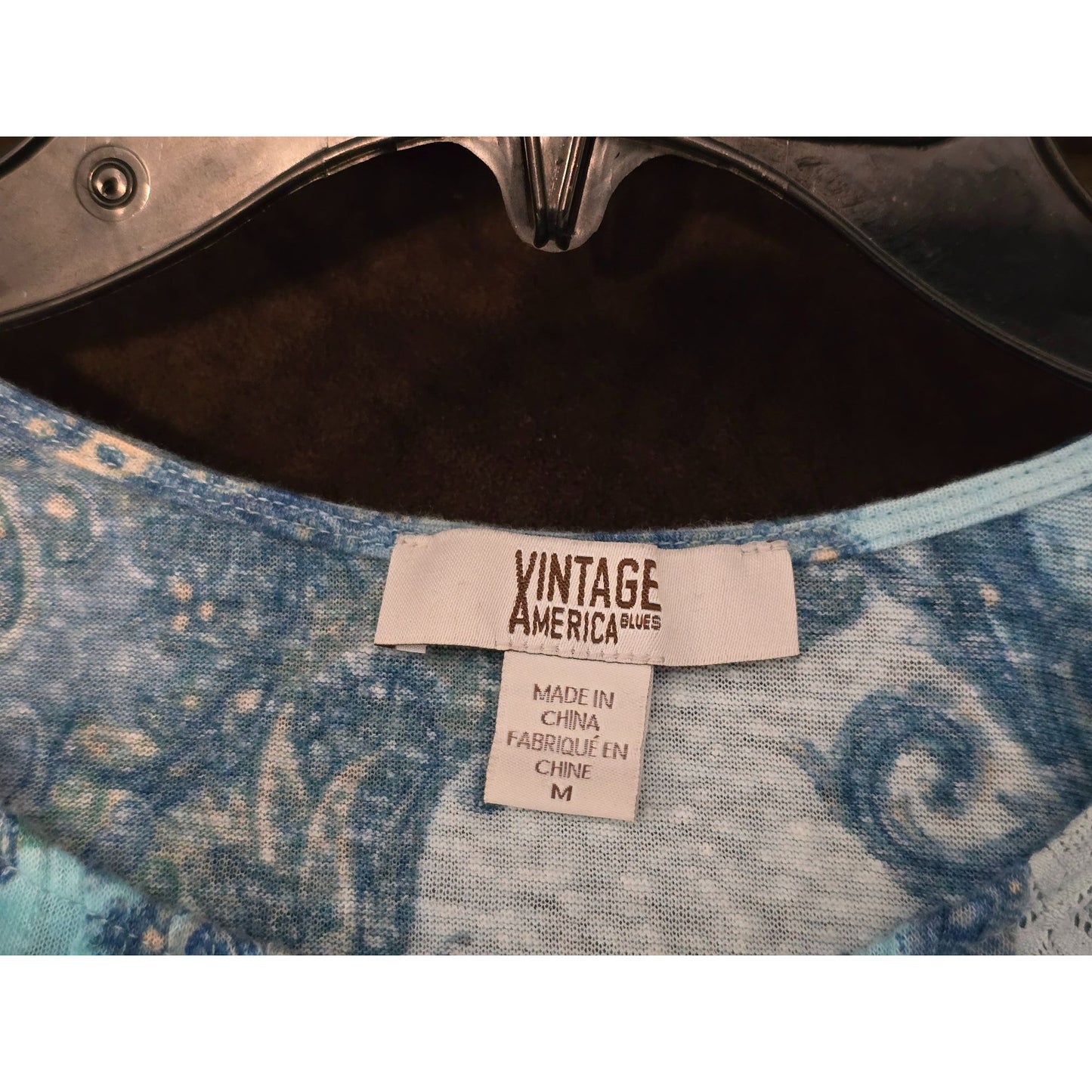 Vintage America Blues Women's Medium Blue Paisley Top Lace Hem Short Sleeves