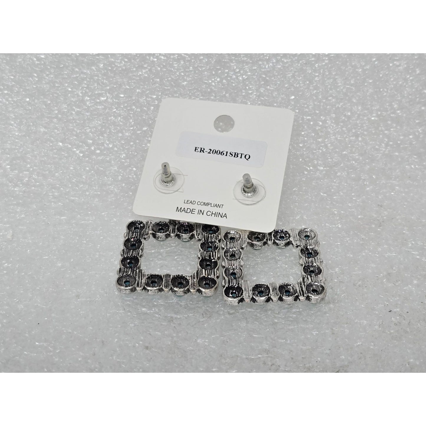 Faux Turquoise Square Drop Earrings Silver Tone Bohemian Style