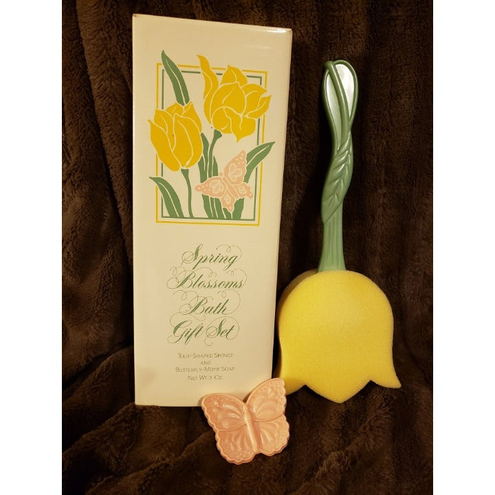 Vintage Avon Spring Blossoms Bath Gift Set Tulip Sponge & Butterfly Soap 2 oz