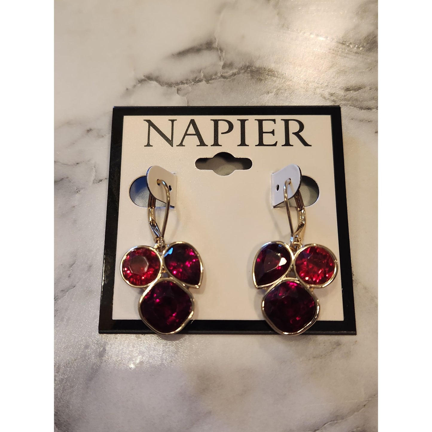 Napier Red Gemstone Drop Earrings With Gold-Tone Finish