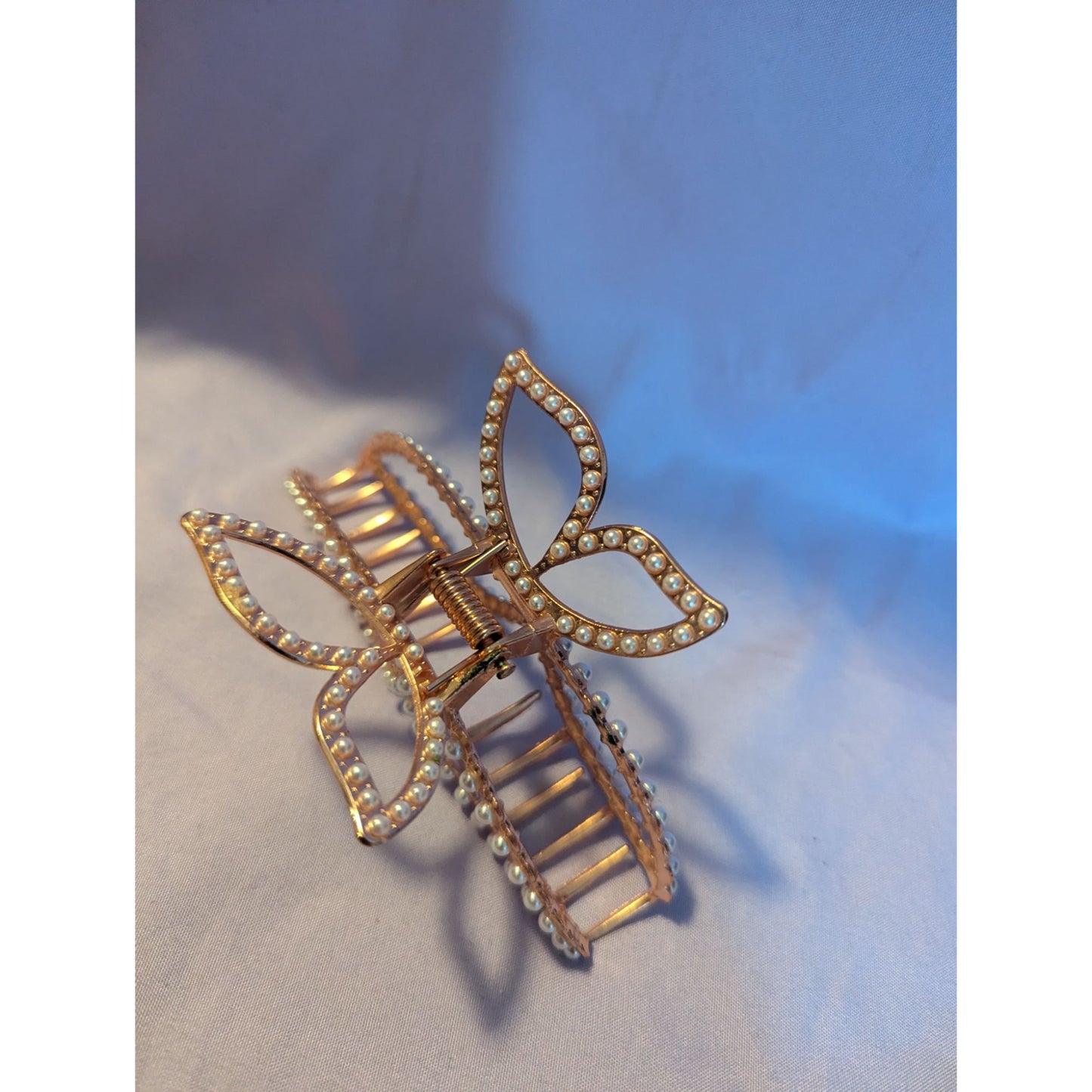Gold Tone Butterfly Hair Clip With Faux Pearl Accents For Women