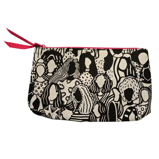 Ipsy Makeup Cosmetic Bag Black & White Abstract Faces With Pink Zipper & Ribbon