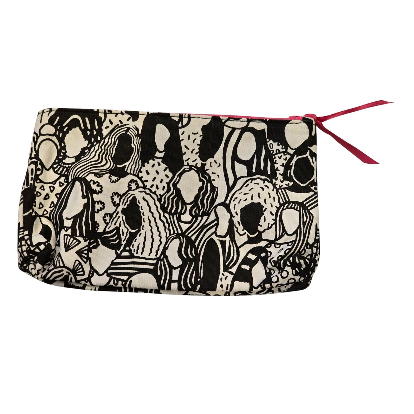 Ipsy Makeup Cosmetic Bag Black & White Abstract Faces With Pink Zipper & Ribbon