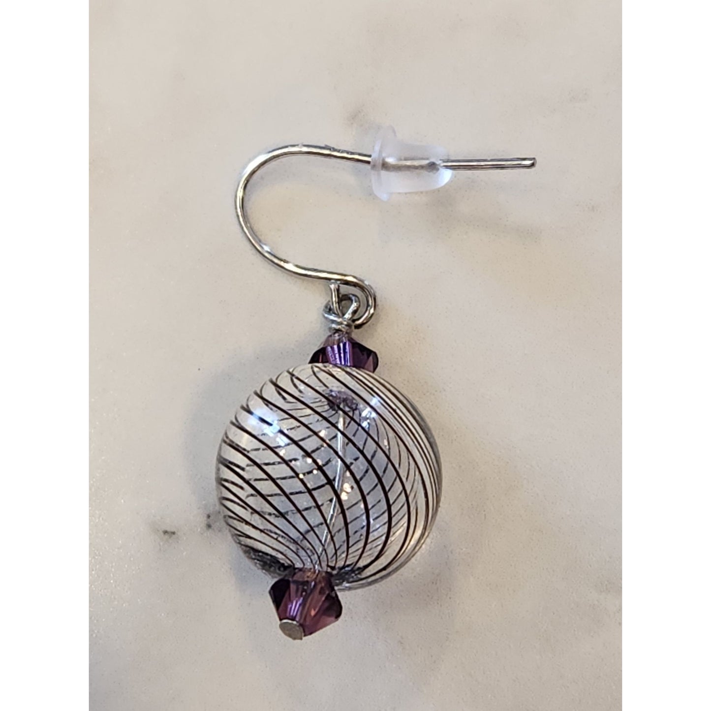 Sterling Silver Dangle Earrings W/ Swarovski Elements Purple Beads Textured Ball