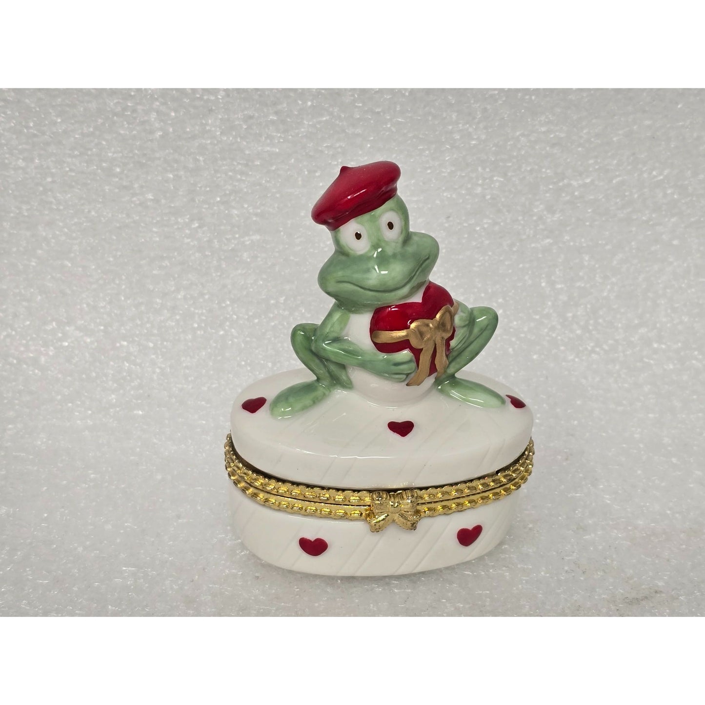 Pink Heart CZ Stud Earrings Prince Charming Frog Keepsake Trinket Box Porcelain