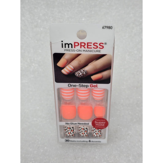 imPRESS Press-On Manicure One-Step Gel Nails Neon Orange & Leopard Accent 30