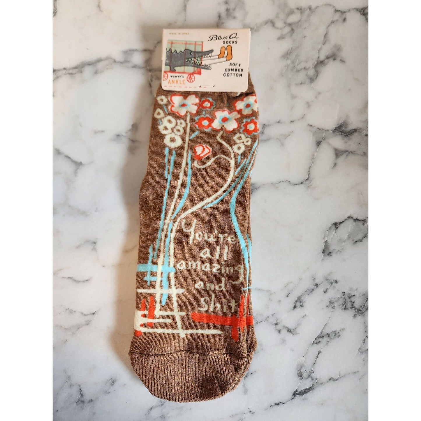 You're All Amazing Women's Ankle Socks Blue Q 5-10 Cotton Floral Design Brown