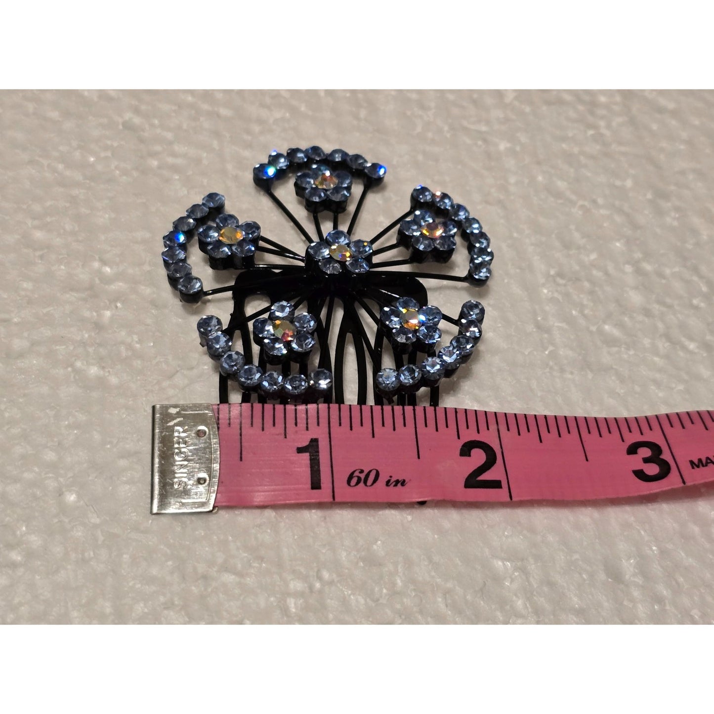 Vintage Rhinestone Flower Hair Comb Accessory Blue Crystals On Black