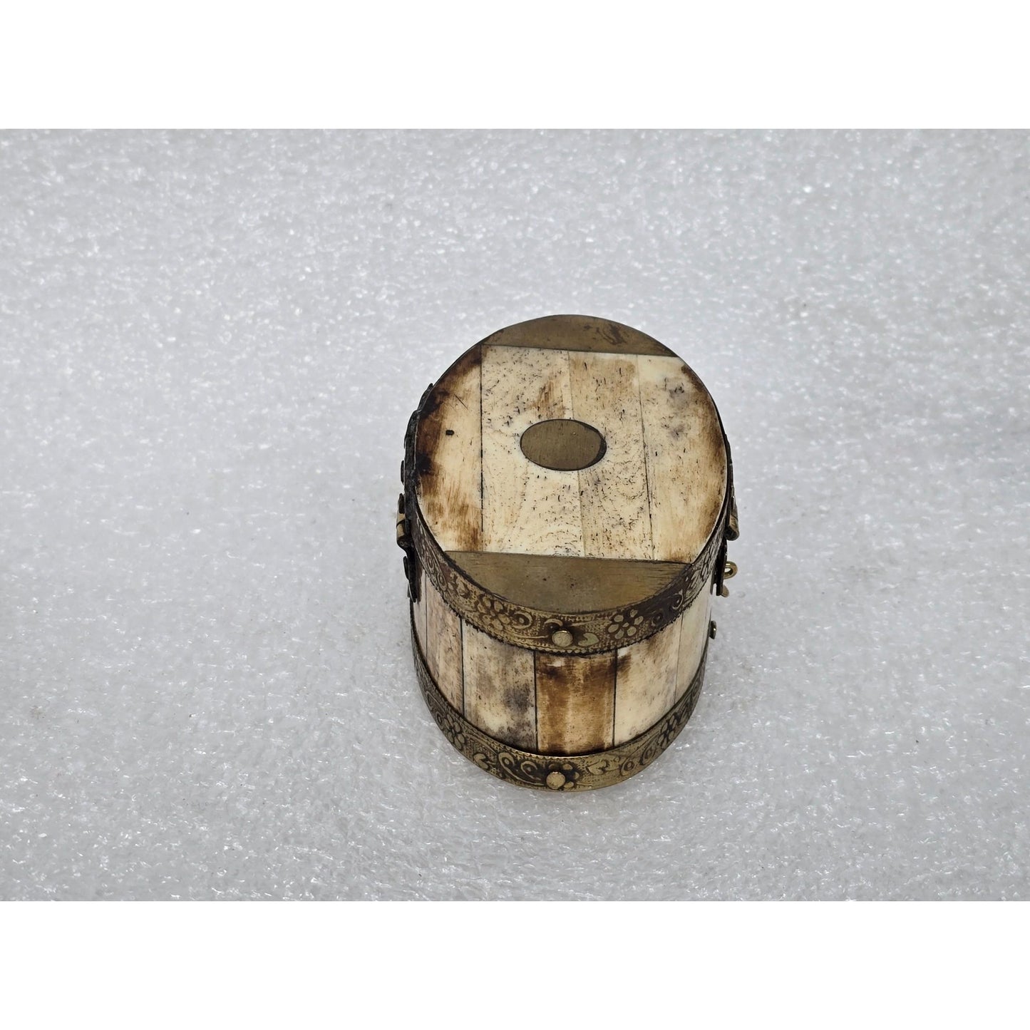 Vintage Oval Trinket Box With Floral Brass Engraving & Bone Inlay Made In India