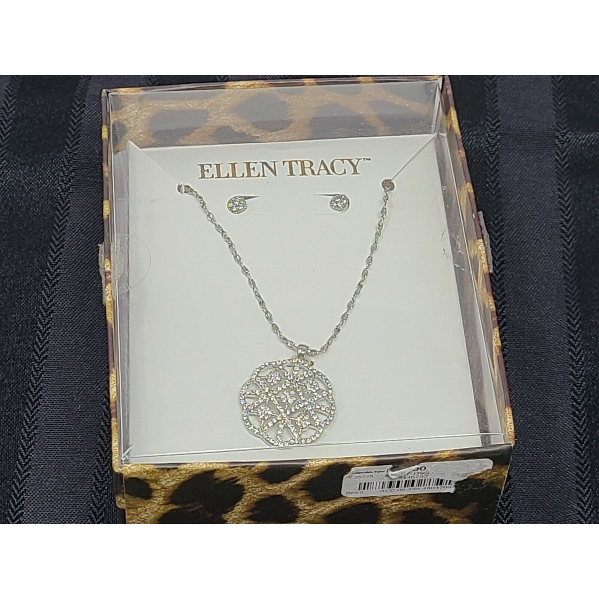 Ellen Tracy Necklace & Earrings Set Silver Tone w/Rhinestones