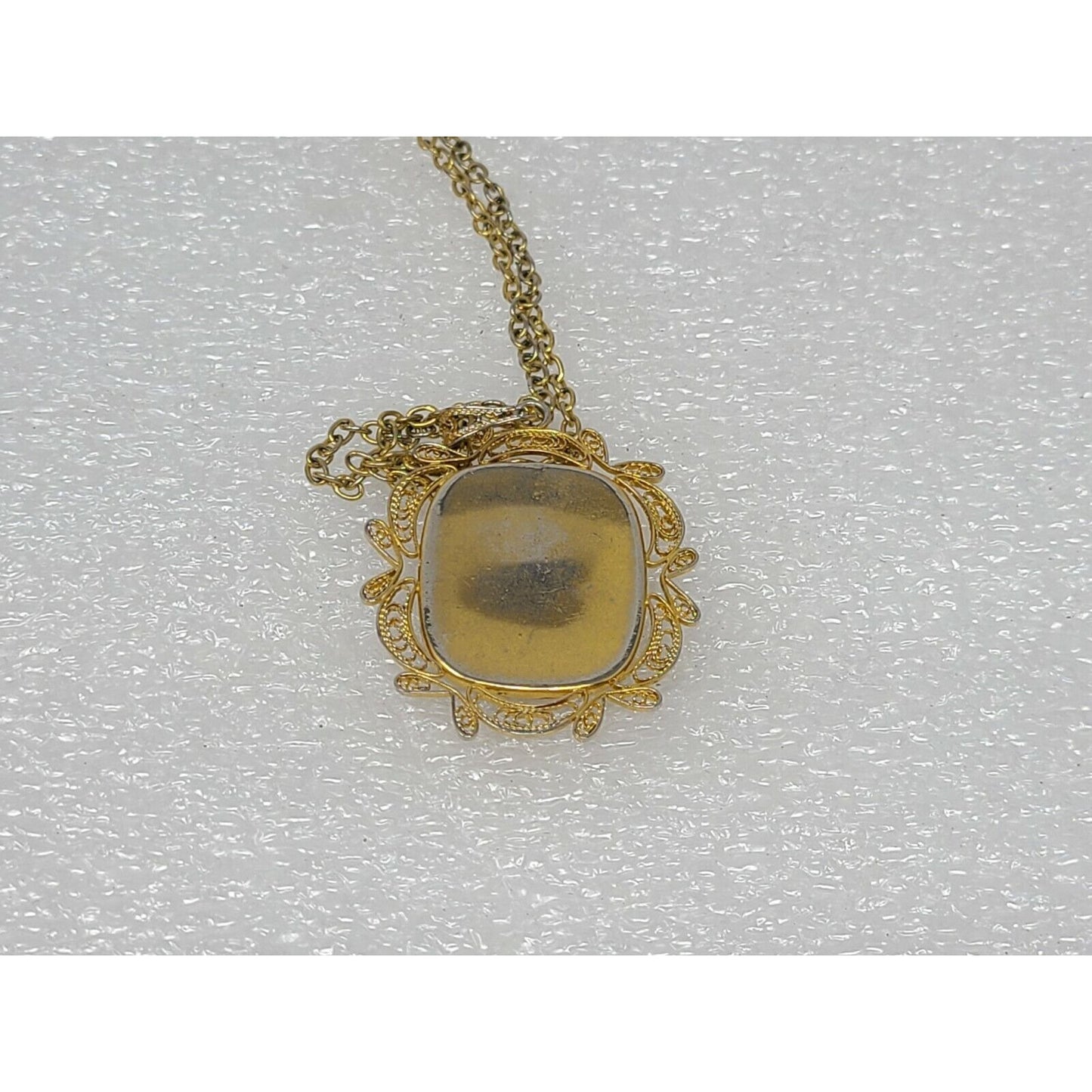 Vintage Damascene Pendant Necklace Etched Bird Flowers Black & GoldTone Filigree