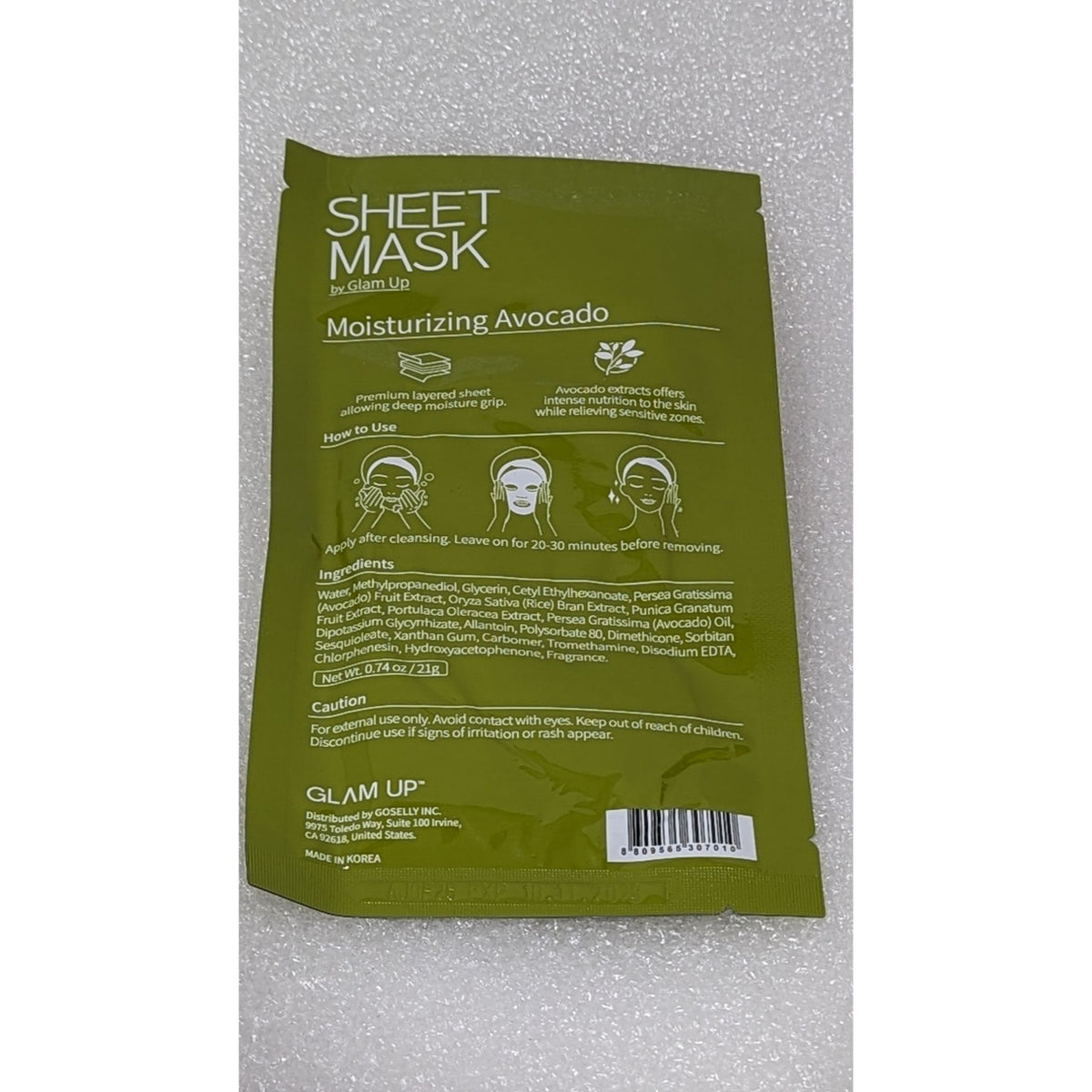 Glam Up Moisturizing Avocado Sheet Mask Wrinkle Care 0.74 Oz