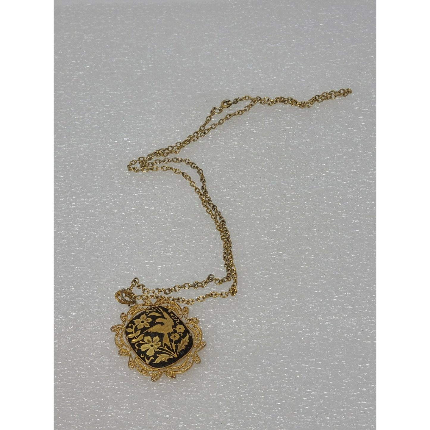 Vintage Damascene Pendant Necklace Etched Bird Flowers Black & GoldTone Filigree