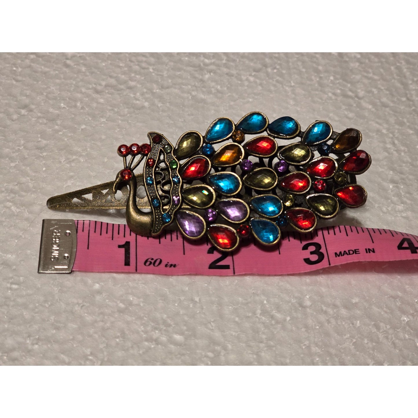 Peacock Hair Clip With Colorful Gemstones & Antique Gold Finish