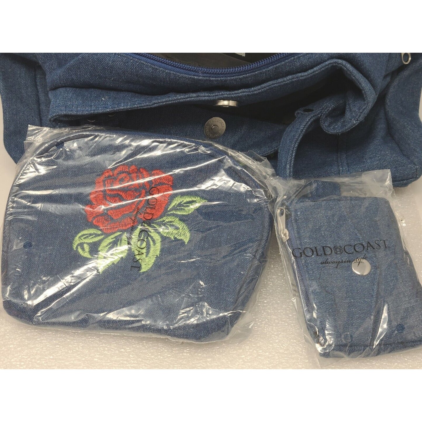 Gold Coast Denim Handbag Purse Bag 3 Piece Set W/Red Rose