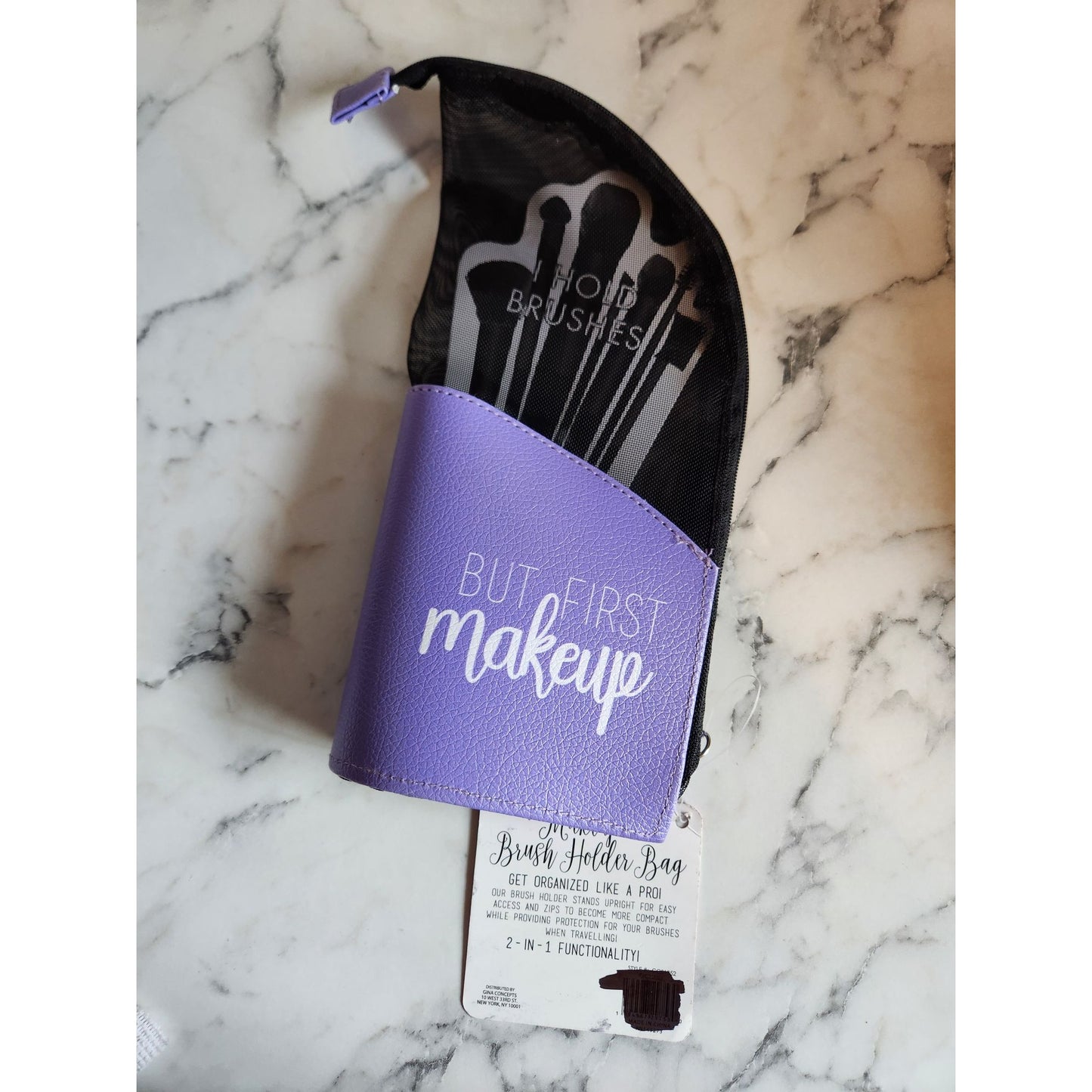 Purple Makeup Brush Holder Bag With Mesh Design & "But First Makeup" Text