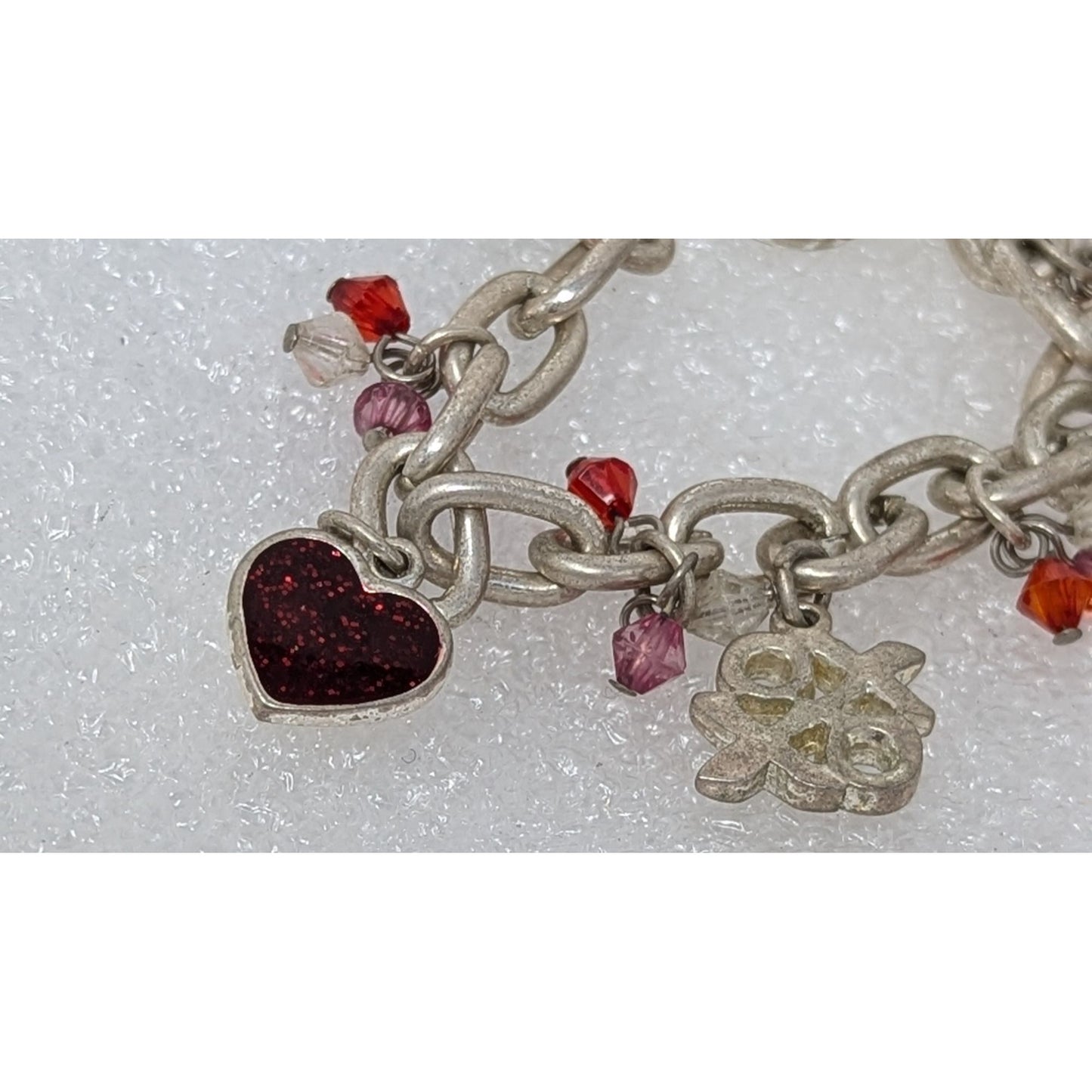 Vintage Silver Tone Charm Bracelet With Love XOXO Hearts & Beads 7.5 Inches