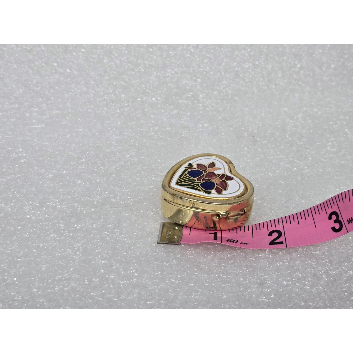Vintage Heart Shaped Gold Tone Trinket Box With Floral Enamel Lid Hinged