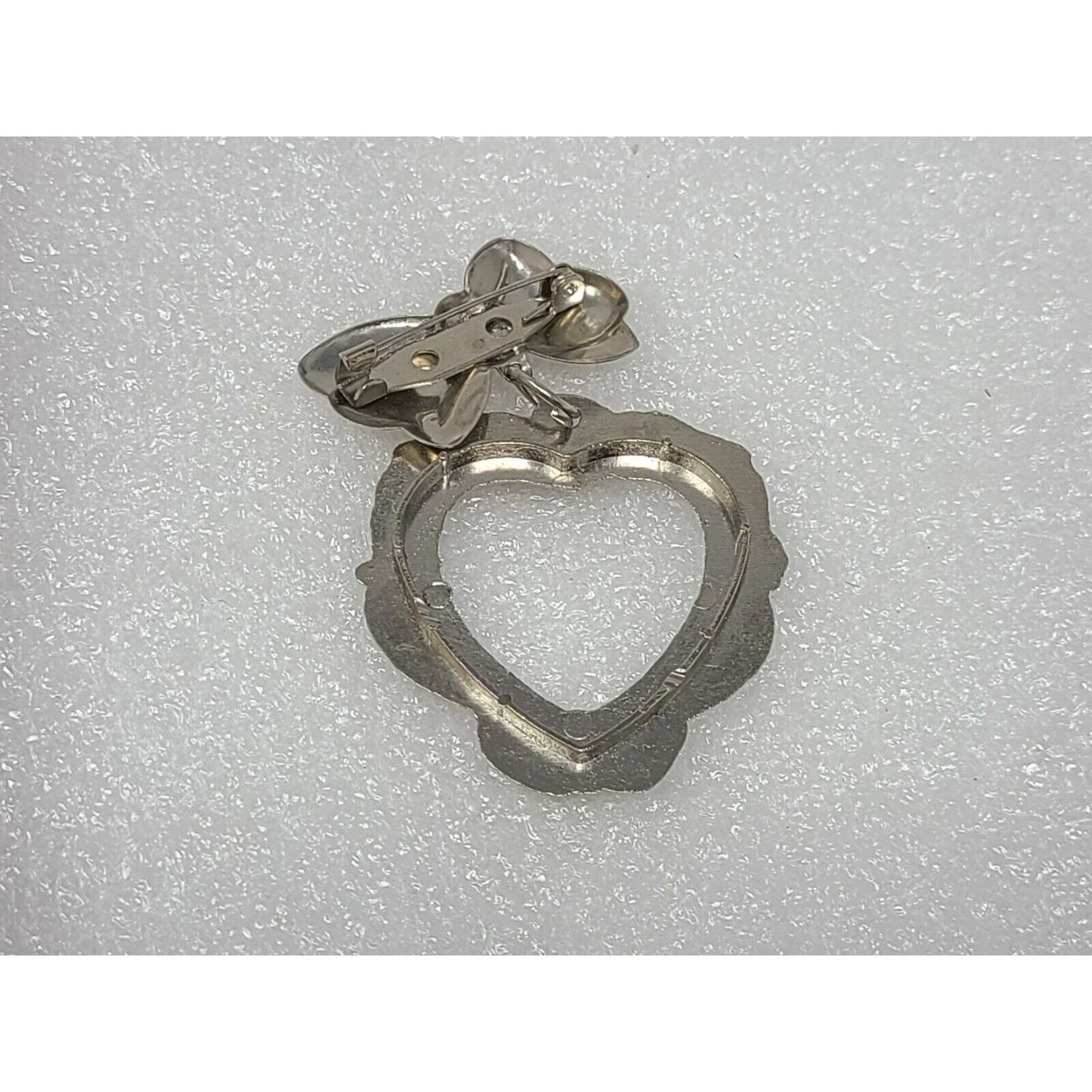 Vintage Silver Tone Dangle Heart Brooch W/ Bow Pin