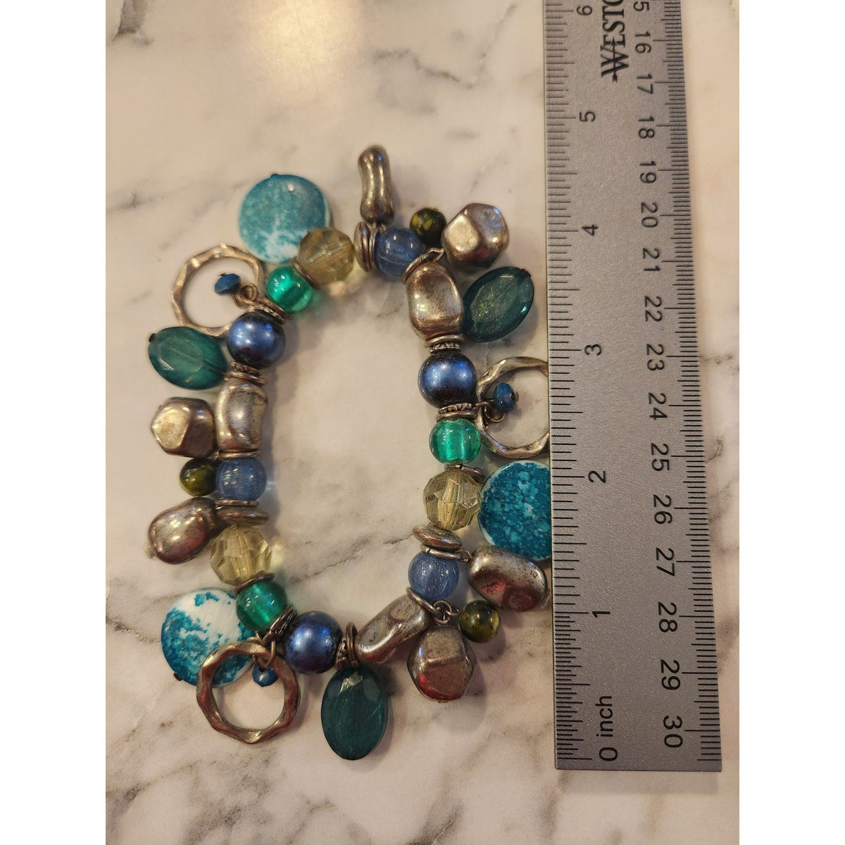 Vintage Beaded Stretch Bracelet With Silver-Tone Accents & Blue/Green Beads