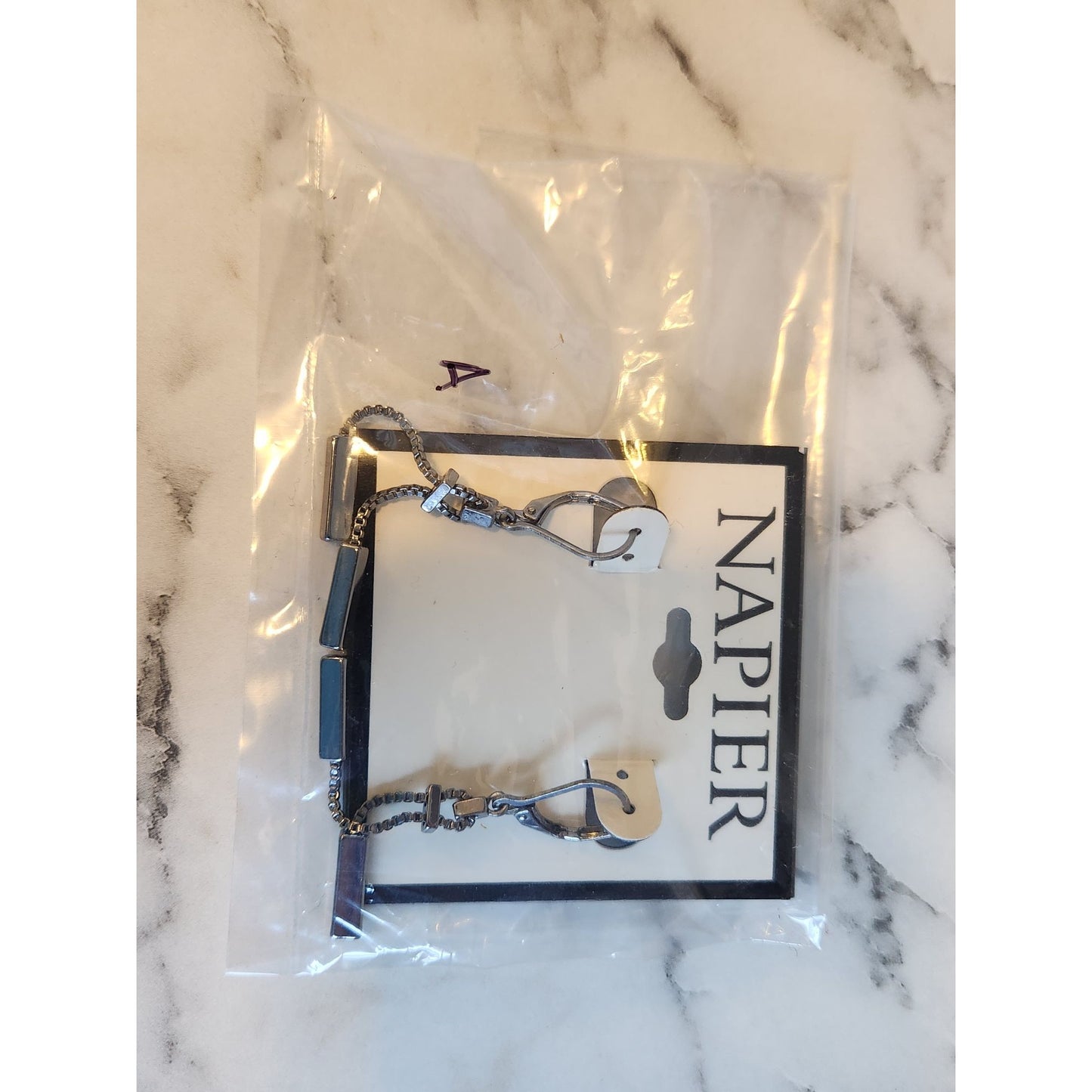 Napier Silver-Tone Dangle Earrings With Black Rectangular Accents