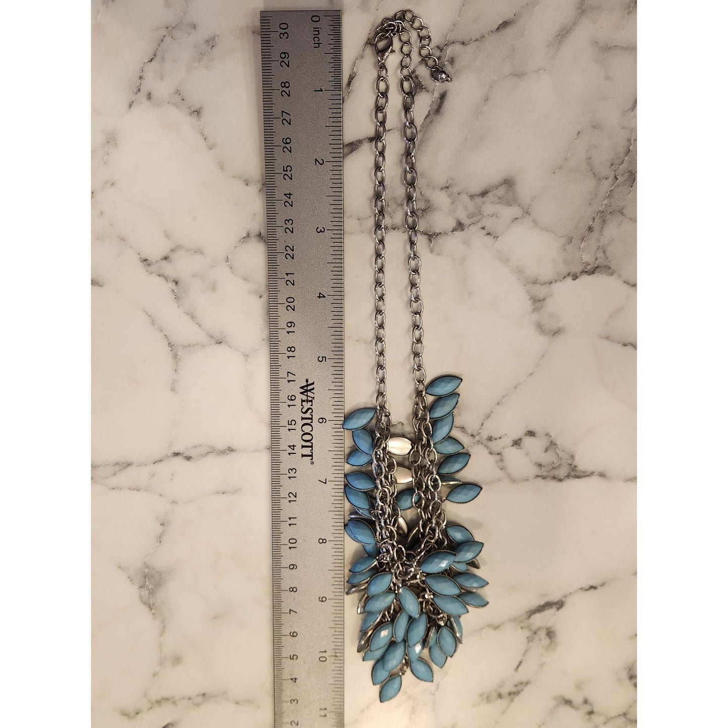 Statement Blue Leaf Bib Necklace With Silver Tone Chain