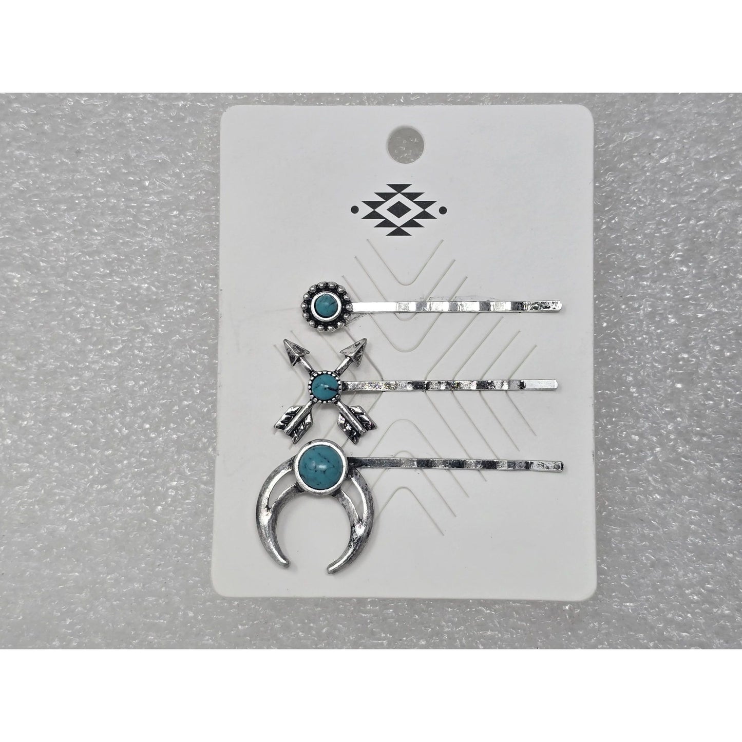 South Western Style Silver Tone & Faux Turquoise Hair Pins Set Of 3