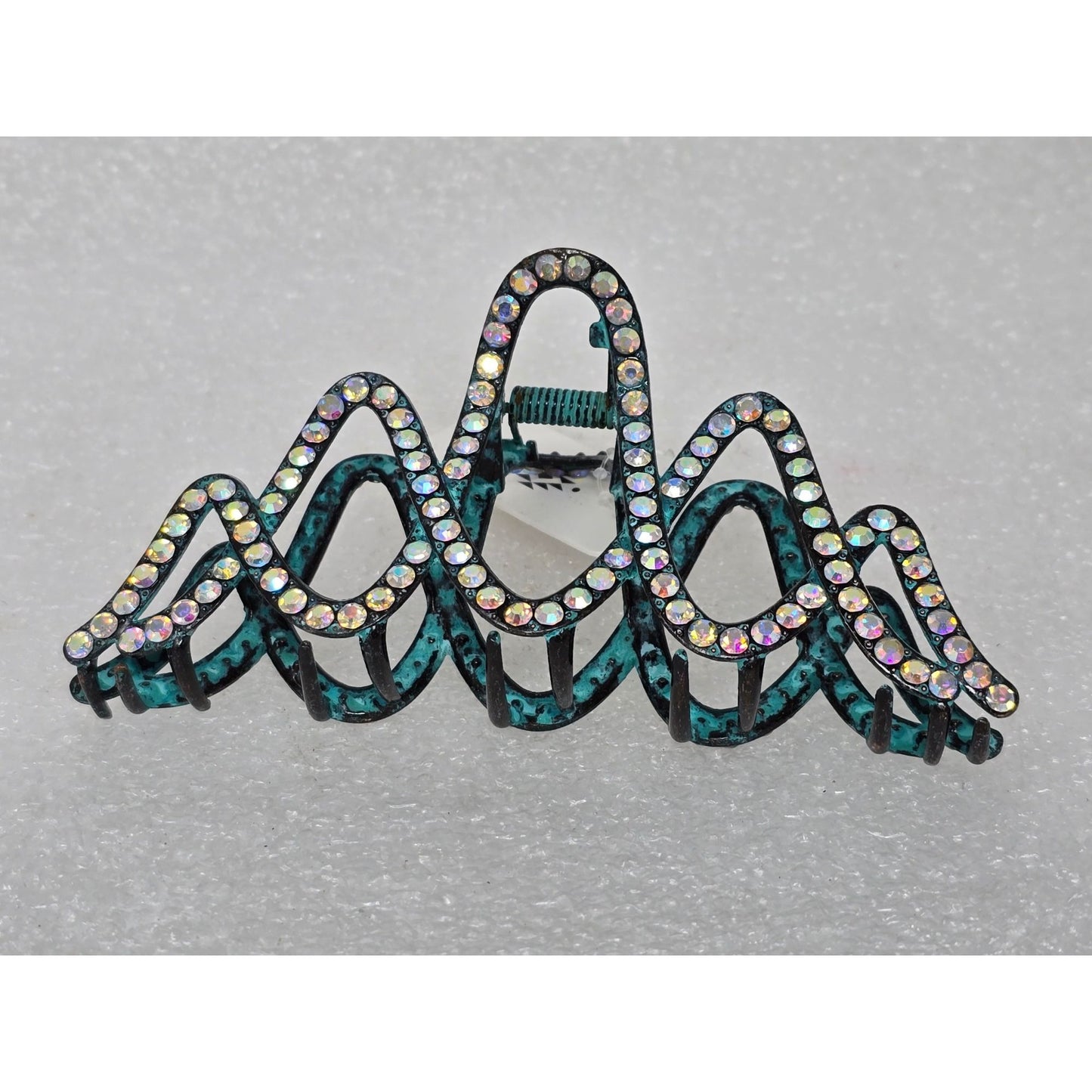 Elegant Rhinestone Hair Claw Clip Iridescent Accents & Metallic Teal Finish