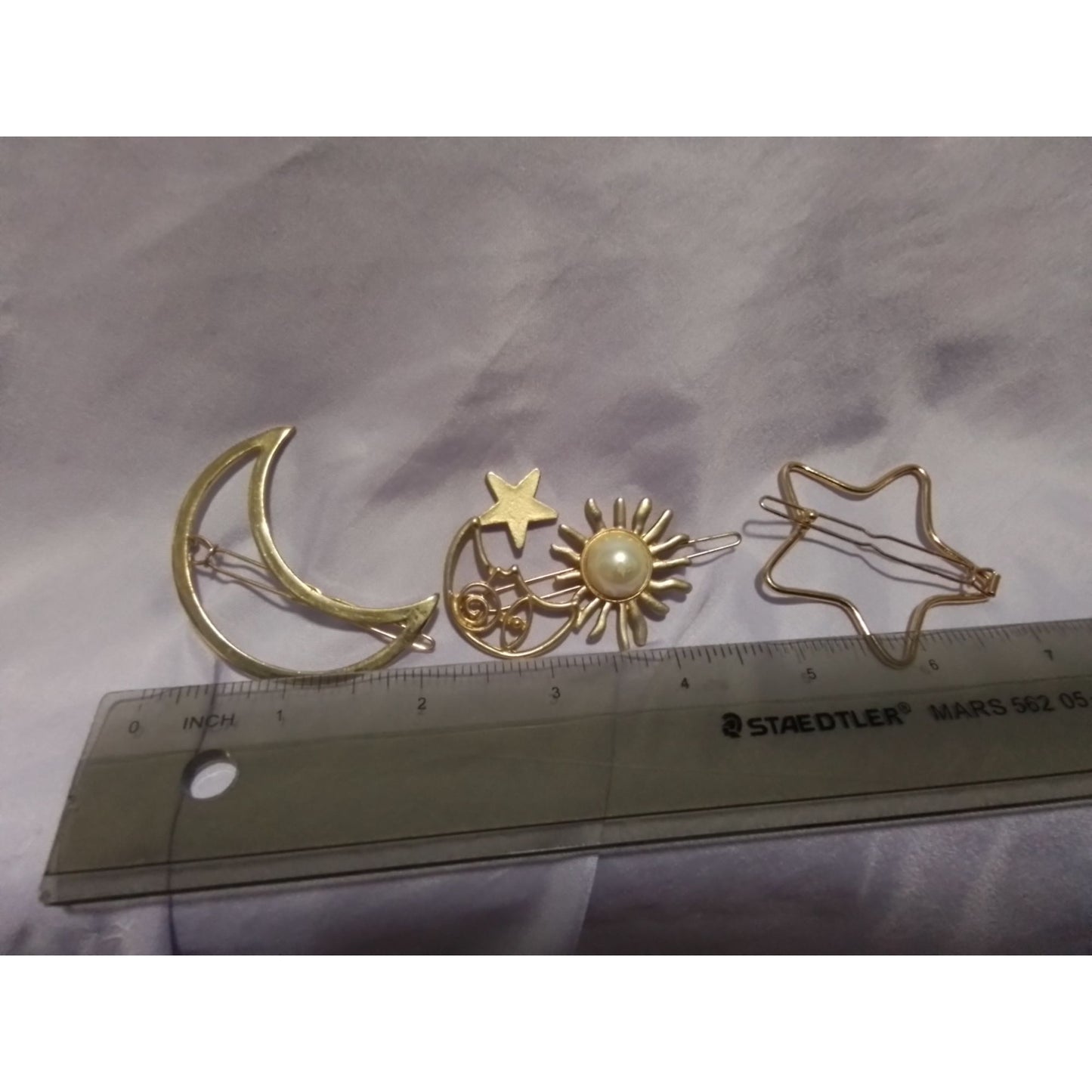 Crescent Moon Sun & Star Hair Clip Barrette Set Gold Tone Faux Pearl