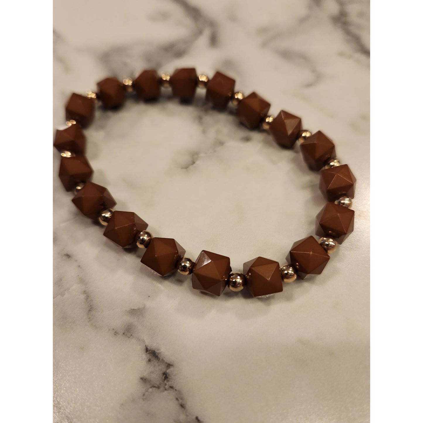 Brown Geometric Beaded Stretch Bracelet With Gold Accents