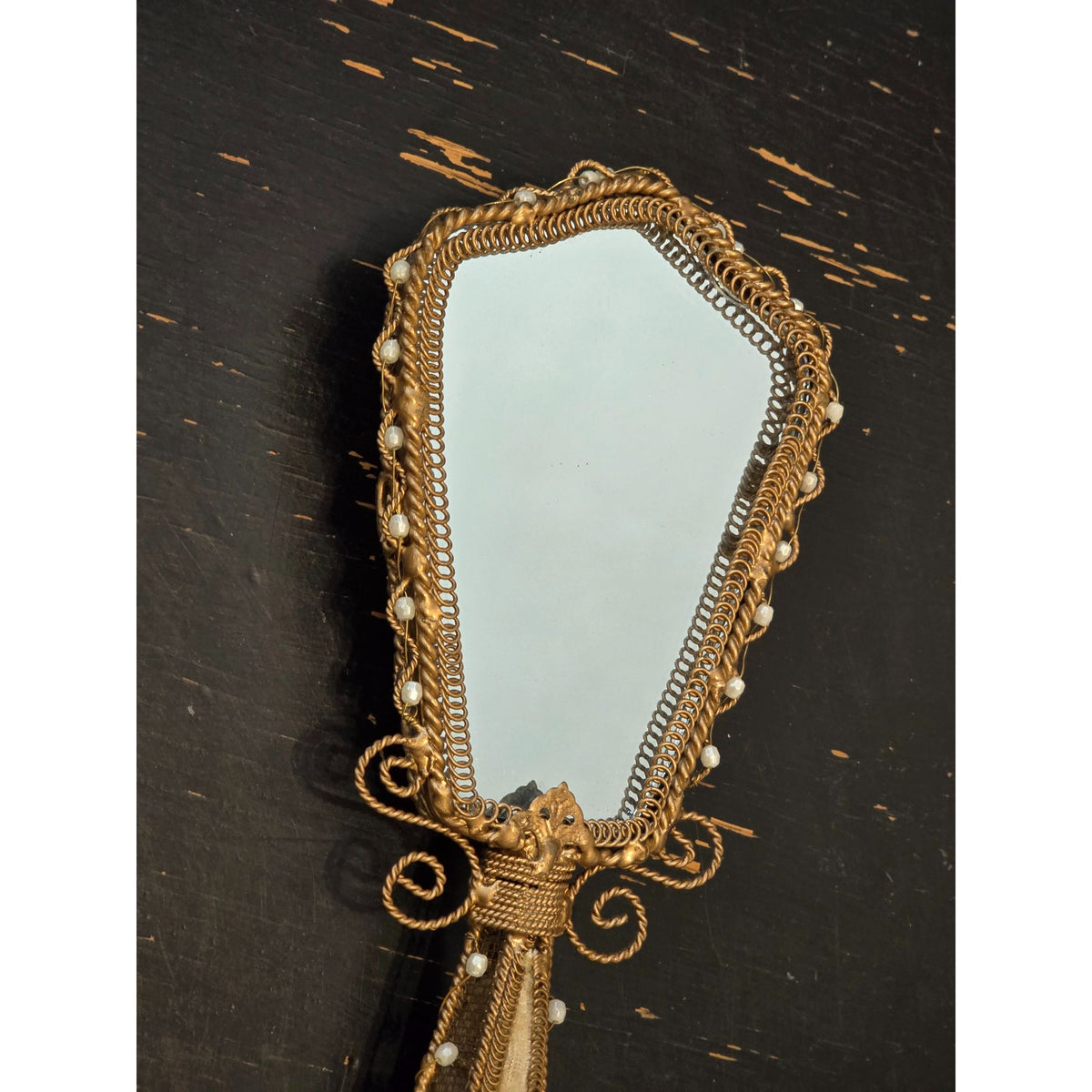 Vintage Ornate Hand Mirror Gold Tone Velvet Roses Faux Pearls Crystal Dangles
