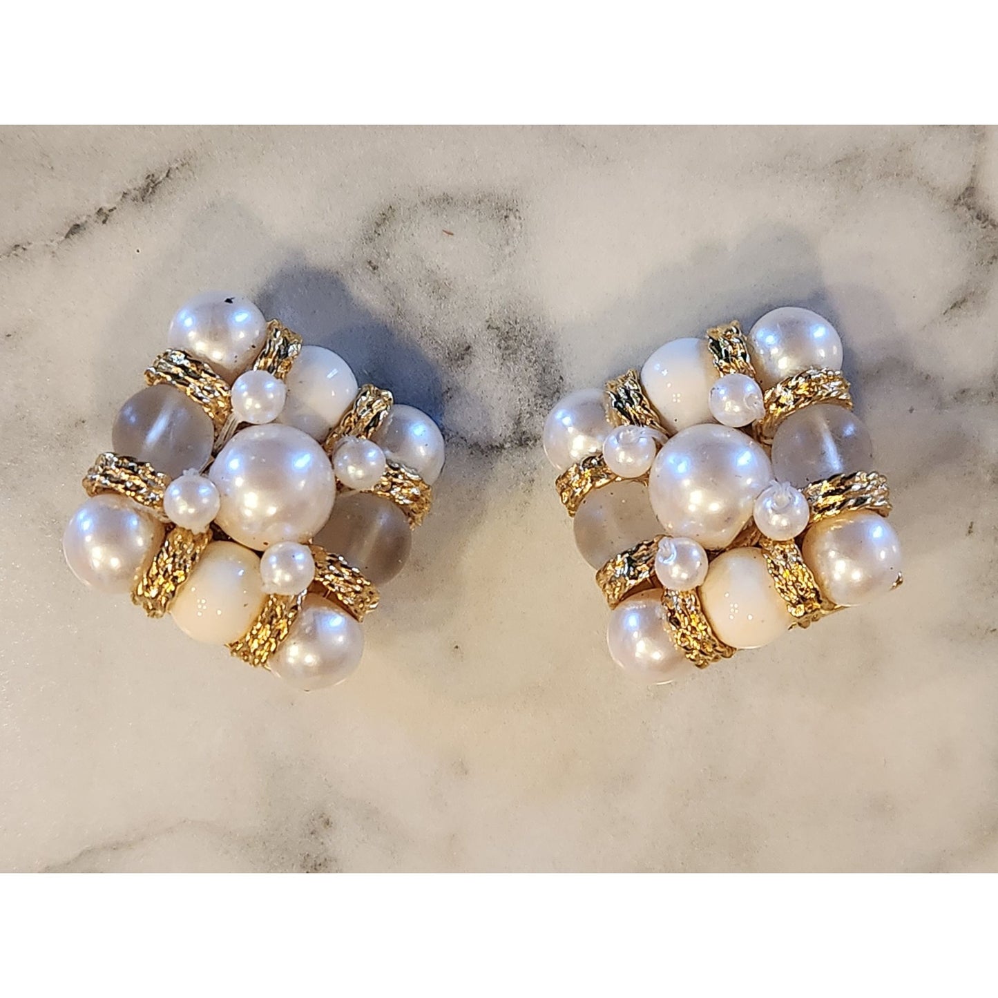 Vintage Square Faux Pearl & Gold-Tone Clip-On Earrings
