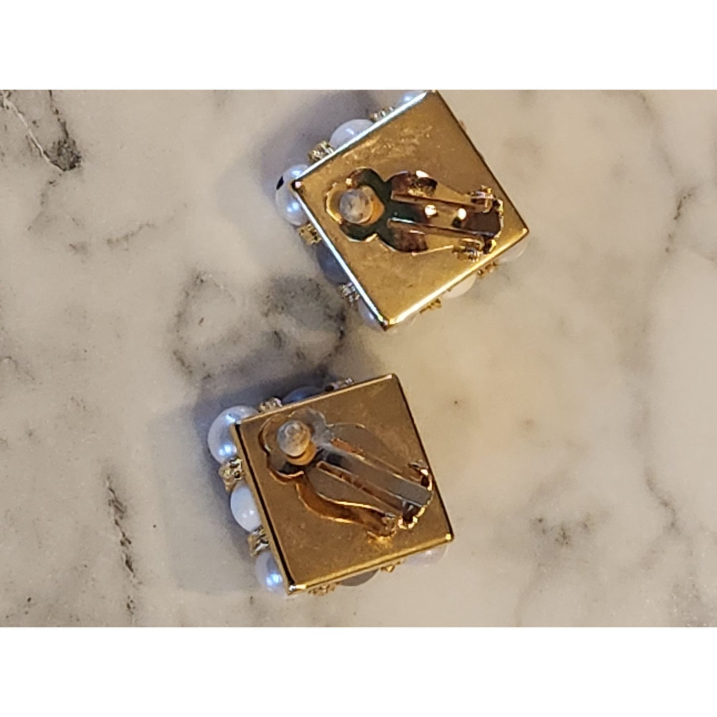 Vintage Square Faux Pearl & Gold-Tone Clip-On Earrings