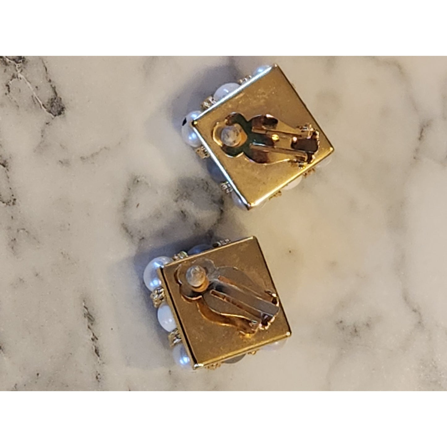 Vintage Square Faux Pearl & Gold-Tone Clip-On Earrings