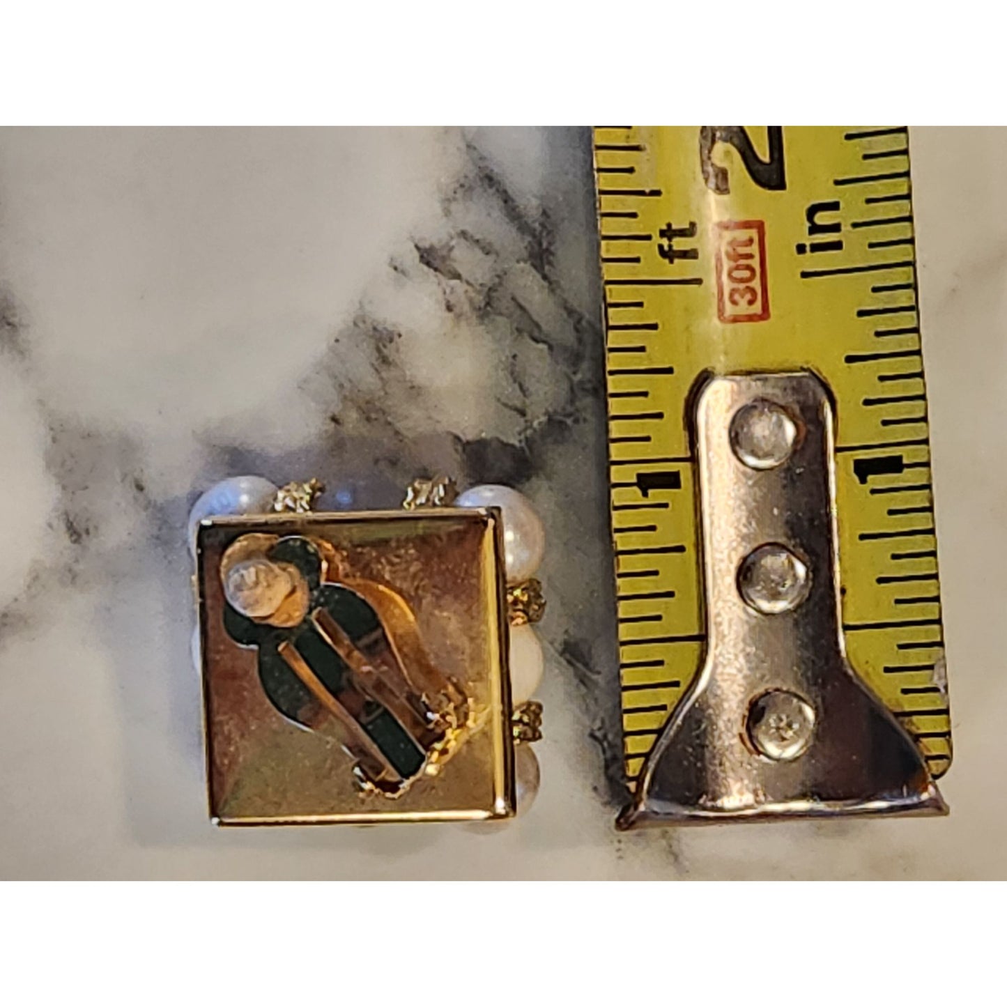 Vintage Square Faux Pearl & Gold-Tone Clip-On Earrings