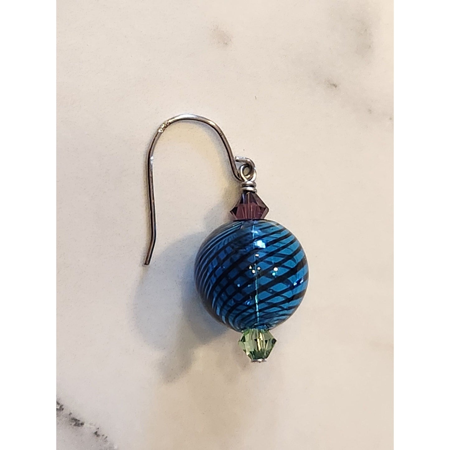 Sterling Silver Earrings With Blue Swirled Beads & Swarovski Crystal Accents
