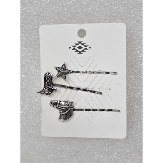 Western-Themed Hairpin Set With Boot Star & Cowboy Hat Designs Silver Tone