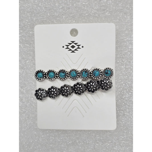 Western Faux Turquoise & Silver Tone Floral Hair Clip Set