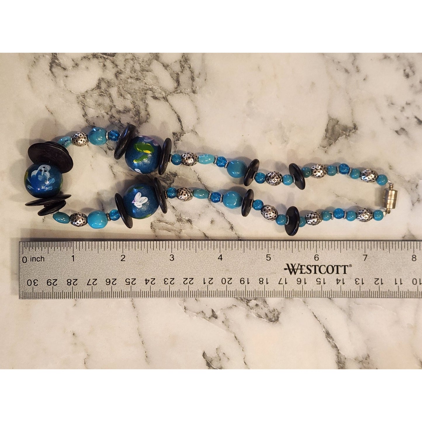 Blue & Black Beaded Necklace With Hand-Painted Floral Beads
