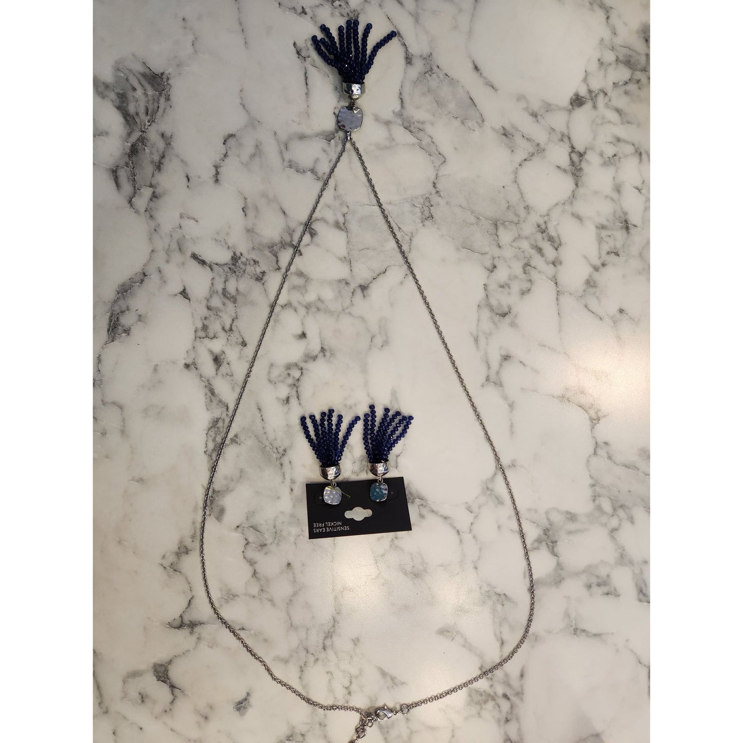 Blue Beaded Tassel Necklace & Earrings Set Nickel Free For Sensitive Ears