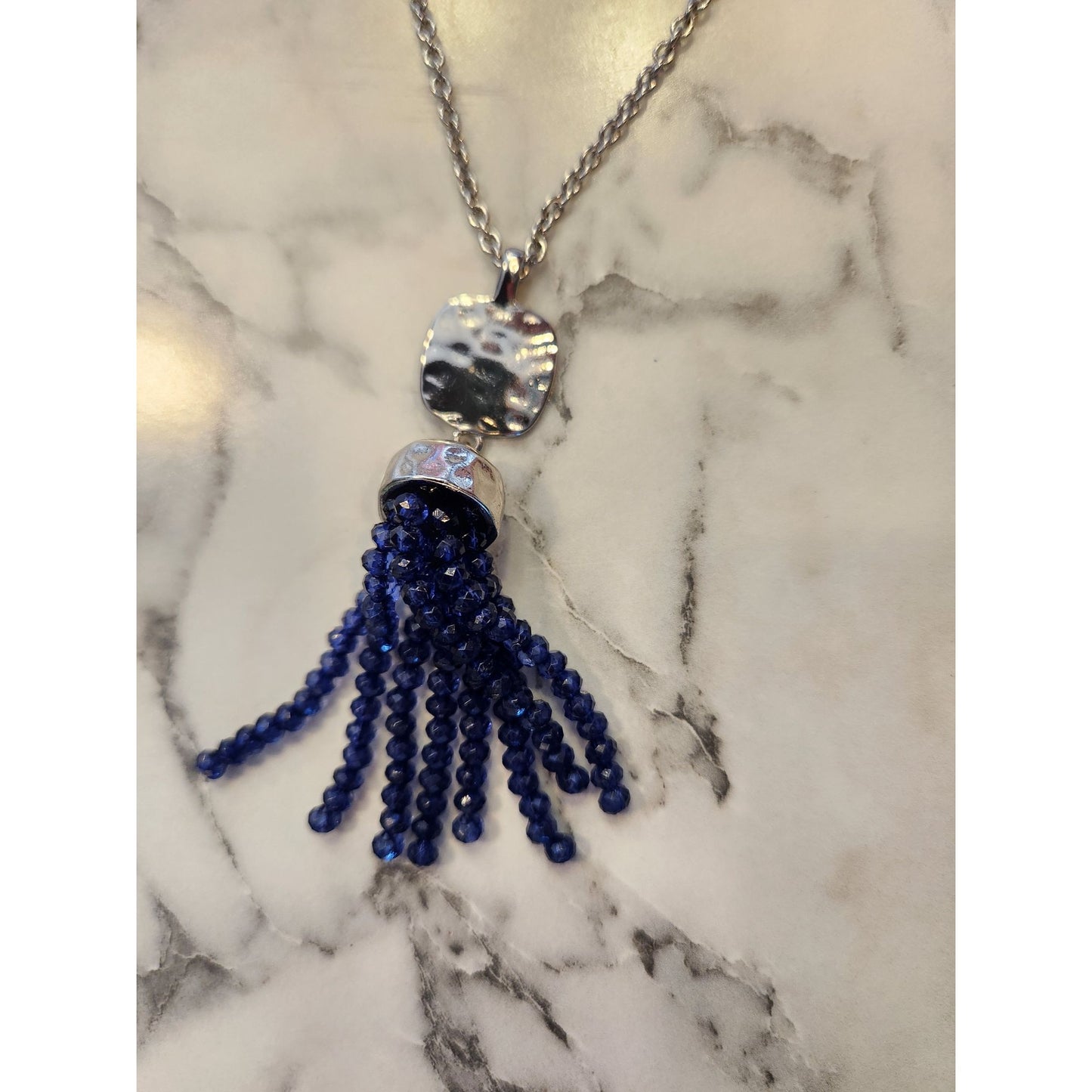Blue Beaded Tassel Necklace & Earrings Set Nickel Free For Sensitive Ears