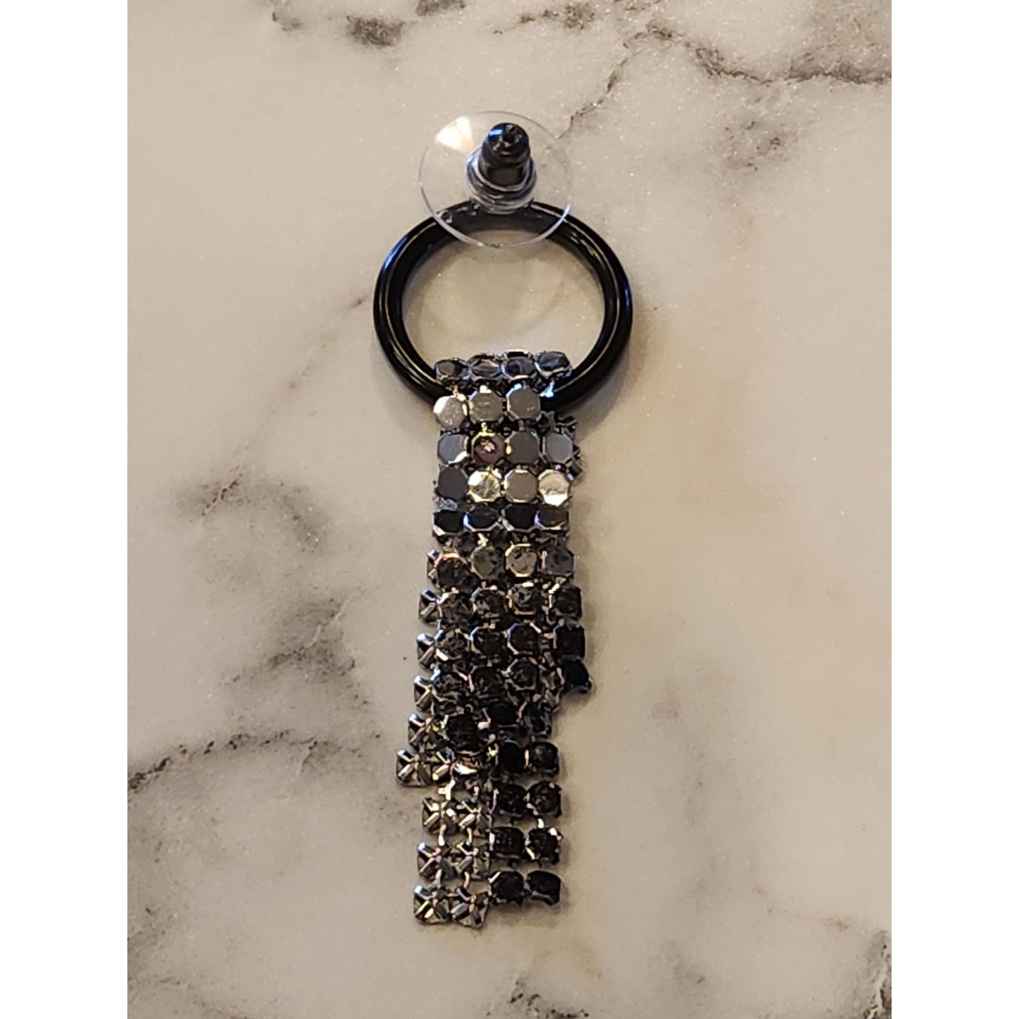 Napier Black Ring Earrings With Silver Tone Rhinestone Tassels