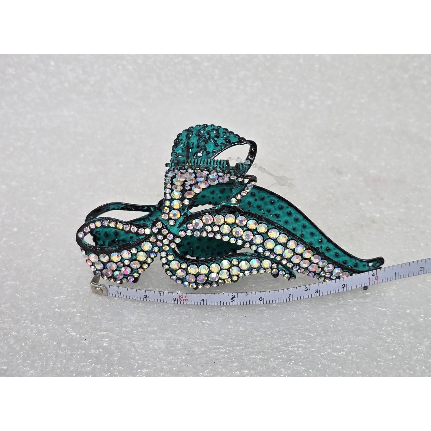 Teal Green & Rhinestone Decorative Bow Hair Claw Clip