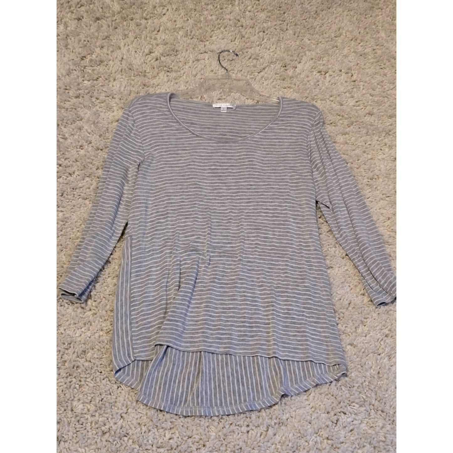 Downeast Women's Large Gray White Striped Peplum Tunic Top 3/4 Sleeve Made USA