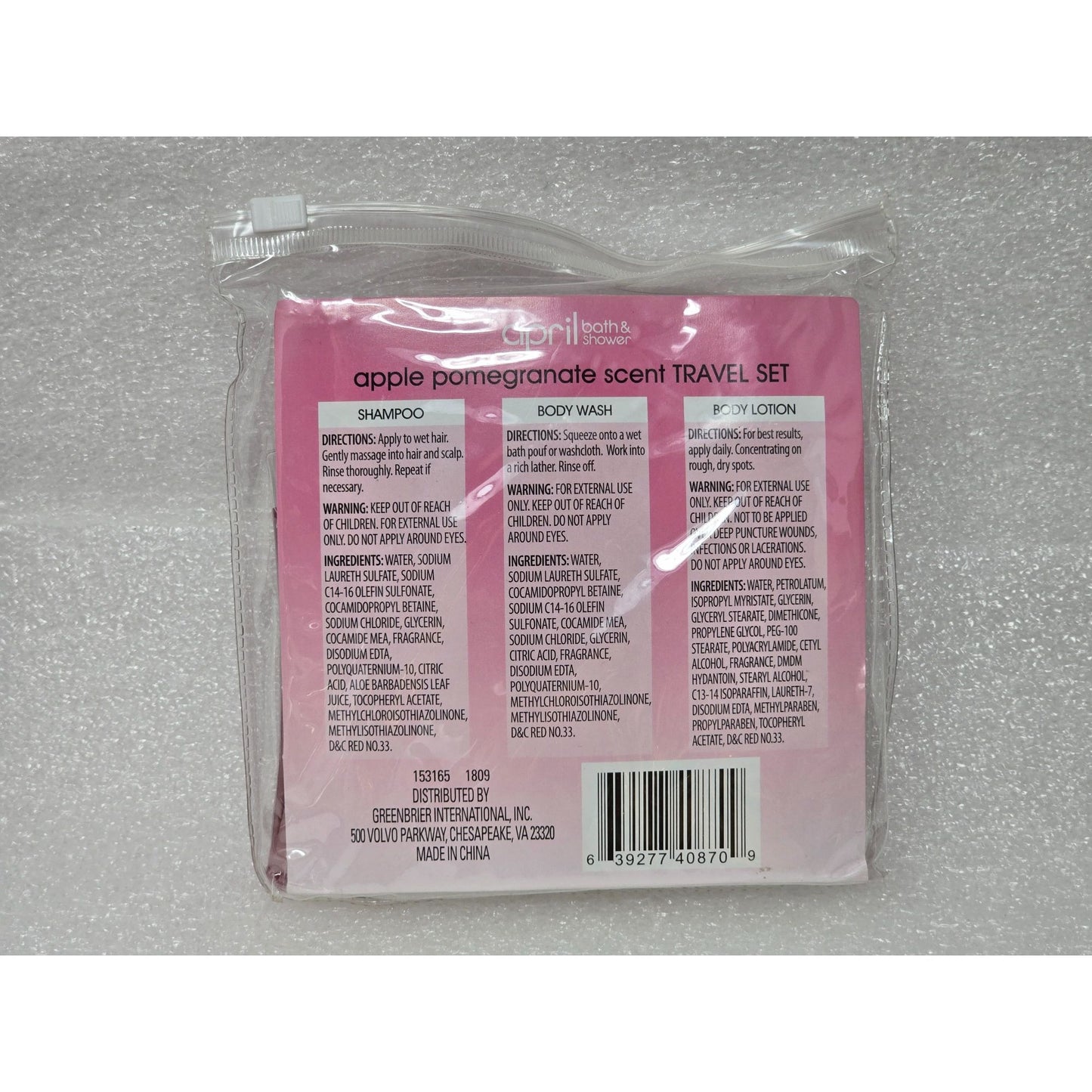 April Bath & Shower Apple Pomegranate Scent Travel Set Body Wash Lotion Shampoo