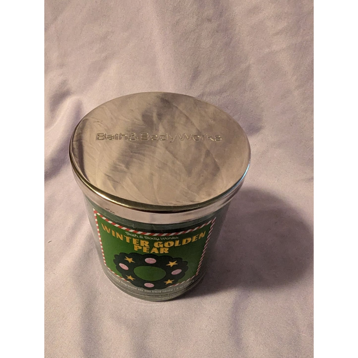Bath & Body Works Winter Golden Pear Candle Green Glass Jar W/ Lid Holiday Scent