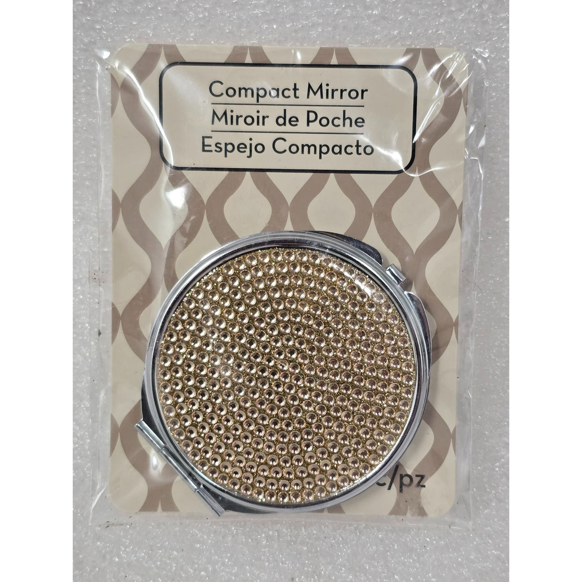 Compact Mirror With Gold Rhinestone Design Folding Pocket Size Elegant Finish