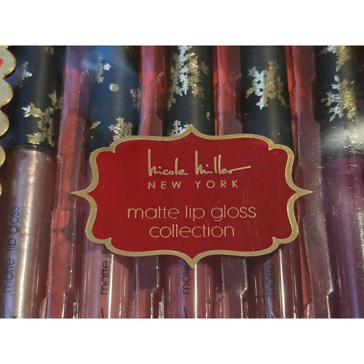 Nicole Miller Matte Lip Gloss Collection Set Of 5 In Festive Pink & Gold Box