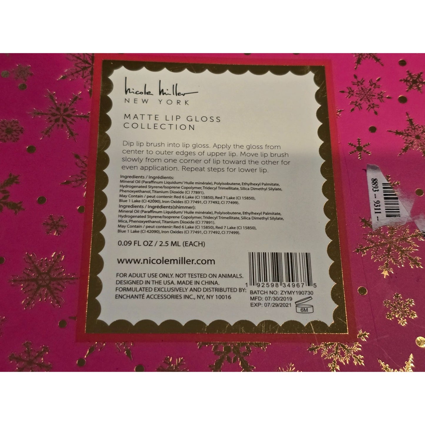 Nicole Miller Matte Lip Gloss Collection Set Of 5 In Festive Pink & Gold Box