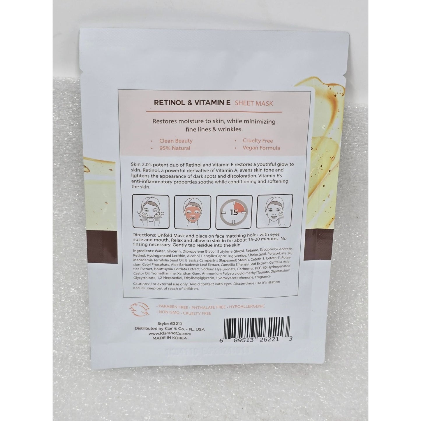 Skin 2.0 Retinol & Vitamin E Sheet Mask 21g Repairs Hydrates & Replenishes Skin